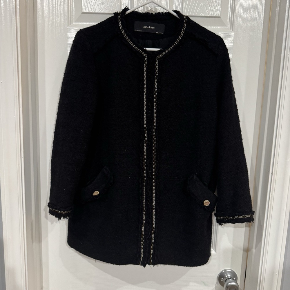 Zara Black Retro Style Tweed/wool Jacket Size Large‎ Gold Button Trim 60s